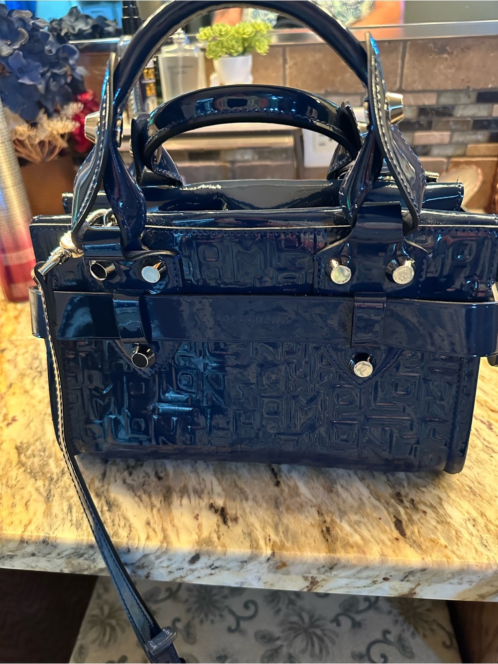Longchamp Patent Mini Satchel in Navy Blue